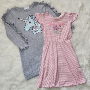 Girls' Pink Striped Dress and Gray Unicorn Sweatshirt Dress Bundle
